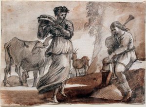 Danseuse avec tambourin et joueur de cornemuse
